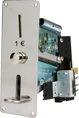 A close-up product shot of a coin acceptor with its internal mechanisms visible.