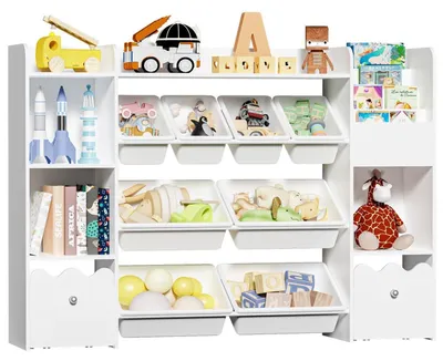Immagine prodotto di Scaffale per bambini con 2 cassetti scorrevoli, organizer per giocattoli, libreria, bianco, 142 x 30 x 98 cm