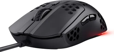 A black gaming mouse with honeycomb-shaped cutouts and RGB lighting is shown on a white background.