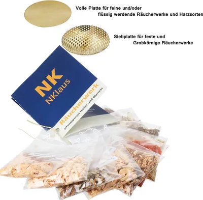 Produktbild von 12tlg Set 10x Räucherwerk 1x Räuchersieb 1x Plättchen Ø5cm Gold für Räuchergefäß