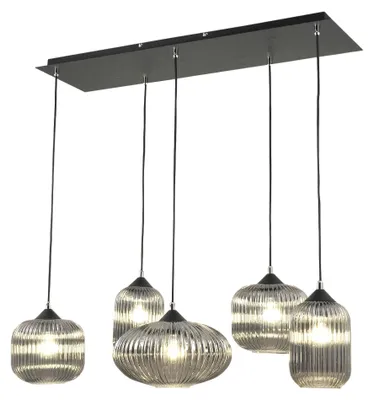 Immagine prodotto di Gillis Lampada a Sospensione in Metallo e Vetro Soffiato Fumé 5x E27 40W 90x25x200cm - Design Elegante per Interni Moderni e Raffinati