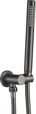 A close-up view of a showerhead and hose assembly, mounted on a wall.