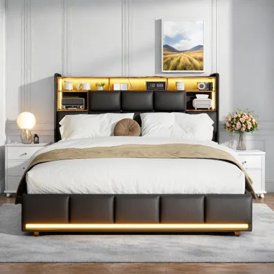 Obrázok produktu pre Čalúnená manželská posteľ 140x200 cm čierna, s LED diódou, čelom, hydraulickým úložným priestorom, zdvíhacím podstavcom a integrovanou nabíjacou stanicou