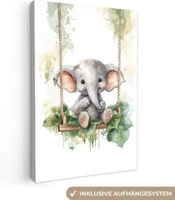 Produktbild von MuchoWow® - Leinwandbilder - Elefant - Tier - Kinder - Dschungel, Wandbild, Wanddeko Bilder Wohnzimmer, 60x90 cm