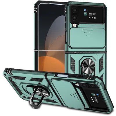Immagine prodotto di Custodia per Samsung Galaxy Z Filp 4 5G a doppio strato con copertura scorrevole della fotocamera e supporto ad anello verde
