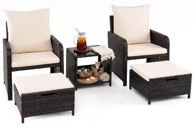 Produktbild von KOMFOTTEU 5-TLG. Polyrattan Gartenmöbel Set, 2 Gartensessel mit Kissen & Ottomanen, Balkonset inkl. Rattantisch und Gartenstühle, Lounge Set für Indoor & Outdoor (Braun + Beige)