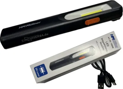 A black inspection lamp and its packaging are shown against a white background.