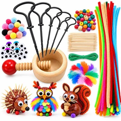 Produktbild von Kastanien Bastelset für Kinder, Kastanienbohrer mit 5 Bohrern und Halter, Bastelzubehör mit Wackelaugen, Pompons, Federn und Holzperlen