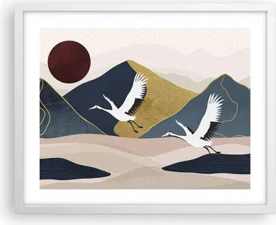 Produktbild von Gerahmtes Poster - Weißer Rahmen - Kraniche Berge Sonne - 50x40 cm - Wand Bild - Wanddeko - Wandbilder - Kunstposter - Wandposter - Bilderrahmen - Bilder - Kunstdruck - P2WAA50x40-4785