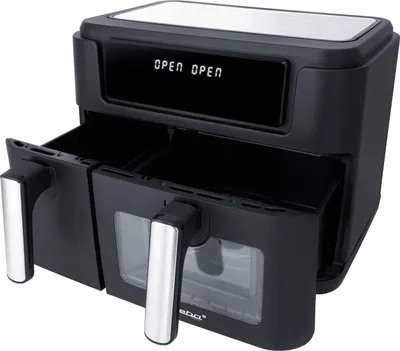 A black and silver dual-basket air fryer is shown from a three-quarter front angle against a white background.