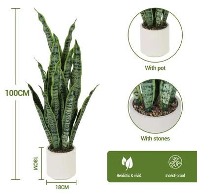 Immagine prodotto di Pianta artificiale Sansevieria - Pianta artificiale in vaso da 100 cm - Pianta da terra realistica - Per il soggiorno e l'ufficio - Decorazione sempreverde - Verde