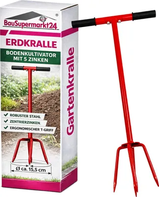 Produktbild von Erdkralle Stahl 5 Zinken mit Zentrierzinken Bodenkultivator Gartenkralle Bodenlockerung für verdichtete und steinige Böden T Griff 93 cm EU