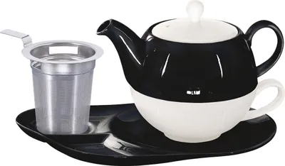 Produktbild von Buchensee Tea for one Set / Teeset Lena, Teekanne 500ml mit Sieb, Teetasse und Ablageteller, schwarz, Crystal Bone China Porzellan