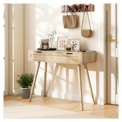 Produktbild von Konsolentisch aus Rattan, Eingangstisch aus Holz mit Schublade, Flurtisch im Boho-Stil, Beistelltisch für Flur und Wohnzimmer, 88 x 40 x 77 cm, Natur