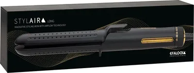 The image shows the product packaging for a hair styling iron.
