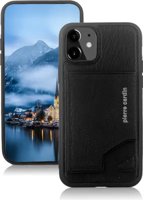 Productafbeelding van Pierre Cardin Apple iPhone 12 Mini zwarte achterkantbeschermhoes - Echt leer