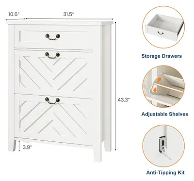 Image de Armoire à chaussures étroite - Étagère à chaussures autonome - 2 compartiments rabattables - Étagères réglables en hauteur - Gain de place idéal pour les entrées - Pour 12 à 18 paires de chaussures - Blanc