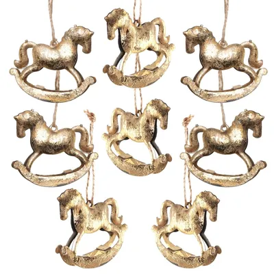Produktbild von 8 goldfarbene Schaukelpferd Weihnachtsanhänger aus Metall 6 cm
