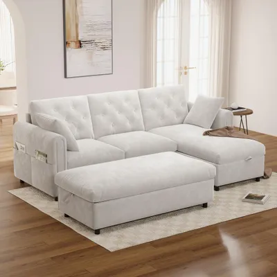 Image de Canapé moderne en velours avec espace de rangement, divisible à gauche ou à droite, dossier capitonné, accoudoirs avec poches. Couleur beige, dimensions : 219 × 131 × 86 cm.