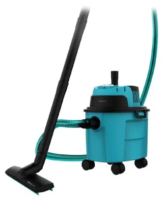 A turquoise and black wet and dry vacuum cleaner with a hose and wand.