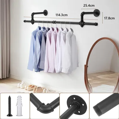 Produktbild von Wandmontierter Kleiderhalter aus Metall – multifunktionale Garderobenstange, platzsparend, 114,3×25,4×17,8 cm, schwarz