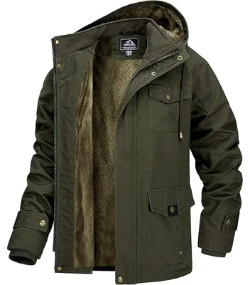 Immagine prodotto di Giacca invernale da uomo, imbottita, in pile, antivento, giacca di transizione, con cappuccio removibile, taglia XL, verde militare