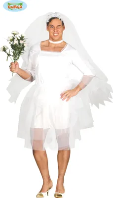 A man wearing a wedding dress and veil, holding a bouquet.