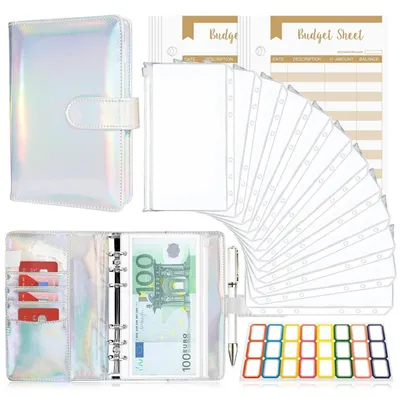 Image de Classeur de budget A6 en cuir, couleur argentée, avec pochettes pour l'argent et accessoires