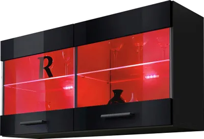 Produktbild von Komodee | Vitrine Schrank mit 2 Türen Savona, Korpus Schwarz Matt Frontfarbe Schwarz Hochglanz, LED RGB
