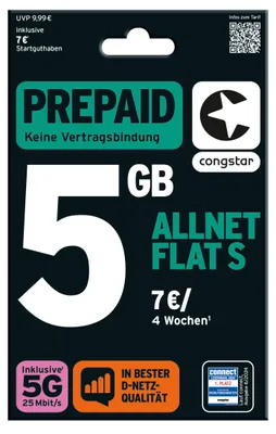 Produktbild von congstar Prepaid Allnet S mit doppeltem Startguthaben: 5 GB Datenvolumen & Flatrate für Telefonie und SMS, 5G-Speed, EU-Roaming
