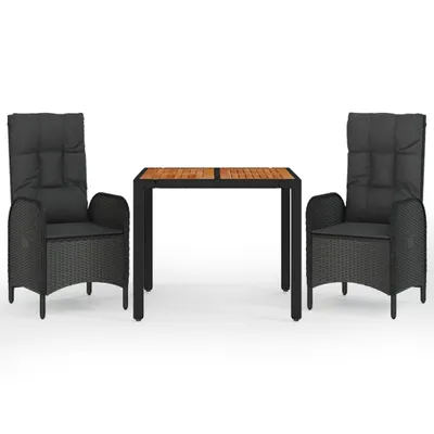 Produktbild von 3-tlg. Garten-Essgruppe mit Kissen Schwarz Poly Rattan