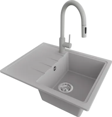 Produktbild von PRIMAGRAN Granitspüle Grau 62x50cm, Spülbecken 1 Becken + Küchenarmatur 40x20cm + Ablauf-Set, Küchenspüle ab 40er Unterschrank - Mailand