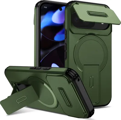Obrázek produktu pro Magnetické pouzdro pro Google Pixel 9/Pixel 9 Pro/Pixel 10/Pixel 10 Pro, dvouvrstvé odolné pouzdro s posuvnou ochranou fotoaparátu a nastavitelným stojánkem Zelená