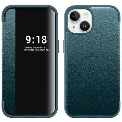 Obrázek produktu pro Pouzdro pro iPhone 15 Plus tenkéPolyuretankožené klopové pouzdro s okénkem pro zobrazení zelené