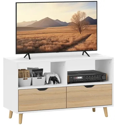 Image de Meuble TV HOMCOM de 99 cm de long avec 2 étagères et un tiroir, blanc