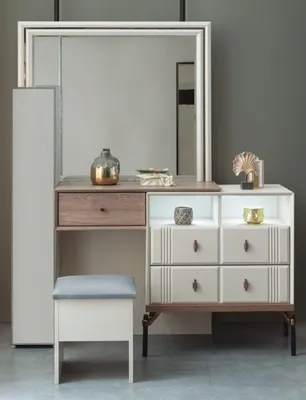 Produktbild von Weißer Schminktisch Glas Spiegel r Poslterhocker Moderne Möbel