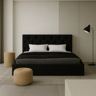 Produktbild von GUTTO Čalúnená posteľ Manželská posteľ 140 x 200 Velvet - s úložným boxom, úložným priestorom a kovovým roštovým rámom Pohodlné čelo postele čierna