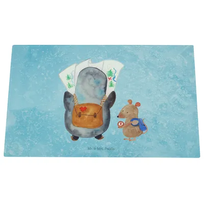 Produktbild von Mr. & Mrs. Panda Hackbrett Pinguin & Maus Wanderer - Eisblau - Geschenk, Schneidplatte Glas, Wandern, Abenteuer, Küchenbrett, schneidbrett, Schneidebrett Aus