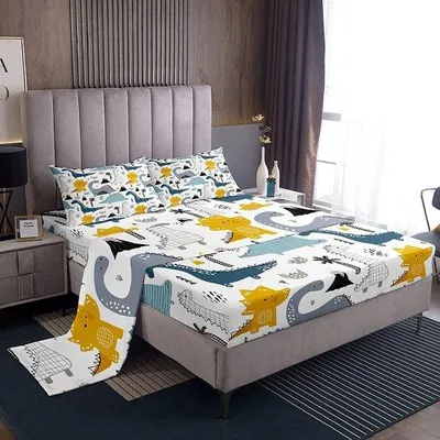 Image de Ensemble de literie pour enfant Unyqoos®, 3 pièces – Motifs dinosaures, comprenant un drap-housse, une housse de couette et une taie d'oreiller, pour matelas jusqu'à 40 cm, doux et respirant