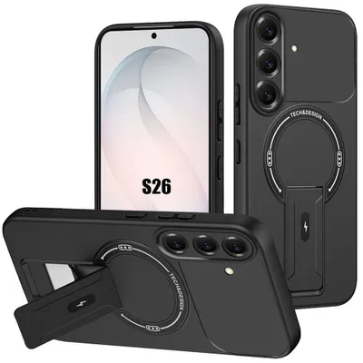Image de Coque pour Samsung Galaxy S26, Protection Silicone Antichoc avec Cercle Magnétique et Support -Noir