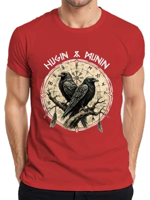 Produktbild von Wikinger Raben Odin Huginn Muninn Vegvisir Nordische Mythologie Herren T-Shirt, Rot, 3XL
