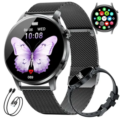 Immagine prodotto di Smartwatch da donna con display AMOLED, ultra-sottile, dotata di 2 cinturini e 2 cavi di ricarica, 116 modalità sportive, resistente all'acqua (IP68), orologio sportivo compatibile con Android e iOS, modello FV23-F, colore nero
