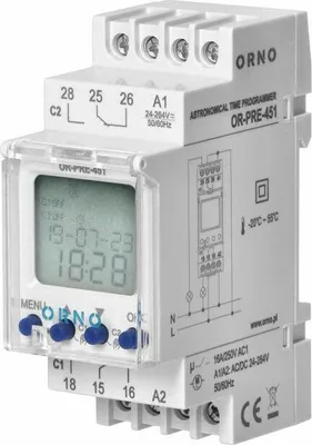 A white astronomical time programmer is shown against a white background. The product is a digital timer with a screen and buttons.