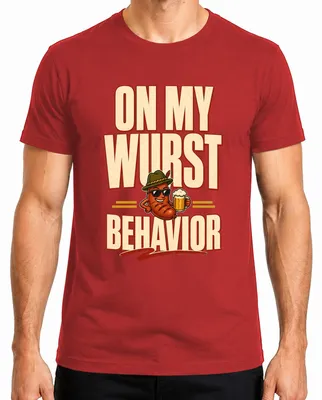 Imagen del producto de Camiseta para hombre "On My Wurst Behavior" con motivos de , diseño de traje tradicional bávaro y pantalones de cuero, color rojo, talla XL