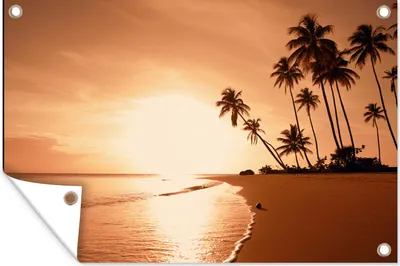 Produktbild von MuchoWow® 90x60 cm Outdoor-Poster Gartendeko Sichtschutz Garten Poster für den Garten  Sonnenuntergang - Tropisch - Palme - Strand - Meer