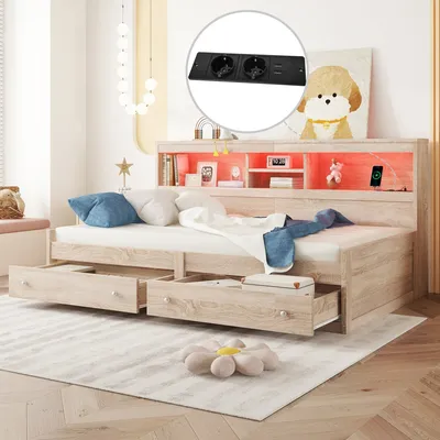 Obrázek produktu pro okwish Skládací pohovka, denní postel 90x200 cm s roštem, dětská postel s 2 USB a 2 nabíjecími porty, s ambientním osvětlením (bez matrace) - přírodní