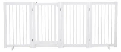 Zdjęcie produktu dla Barierka ochronna, 4 panele, drewno sosnowe, solidne wykonanie, wolnostojąca barierka dla psa z drzwiczkami i zamkiem, kolor biały | Podpórki | 9 kg | 220 x 91 cm