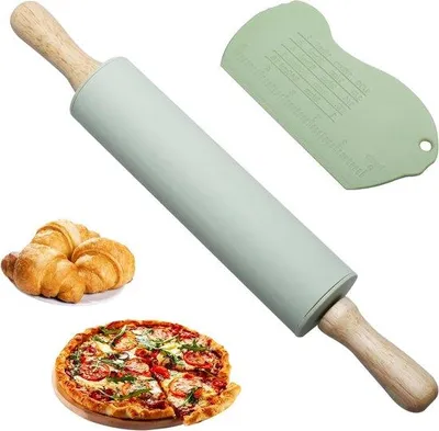 Obrázok produktu pre Silikónové valčeky na cesto s drevenou rukoväťou a silikónová lopatka na cesto – ideálne na prípravu pizze, pečiva a fondánu