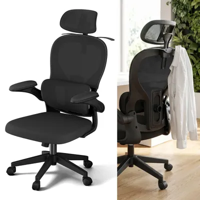 Obrázek produktu pro Ergonomická kancelářská židle XMTECH, černá síťovina, s věšákem na oblečení, opěrkou hlavy a bederní opěrkou, nastavitelná do polohy 125°, funkce naklápění, nosnost 150 kg, otočná, vhodná pro práci z domova