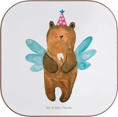 Produktbild von Mr. & Mrs. Panda Tischschoner Bär Zahnfee - Weiß - Geschenk, gläseruntersetzer, Coaster, bieruntersetzer, Untersetzer für Gläser, Erster Zahn, Fee, Teddy, Milchzahn